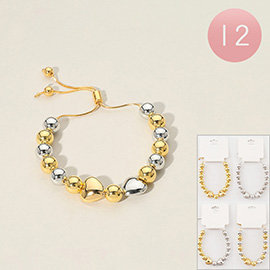 12PCS - Metal Ball Heart Beaded Adjustable Cinch Pull Tie Bracelets