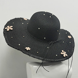 Flower Pearl Applique Embellished Wide Brim Straw Sun Hat