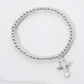 Stainless Steel Cross Charm Beaded Stretch Bracelet