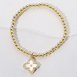 Stainless Steel Mother of Pearl Clover Charm Beaded Stretch Bracelet