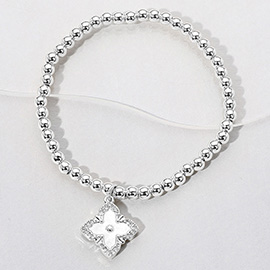 Stainless Steel Mother of Pearl Clover Charm Beaded Stretch Bracelet