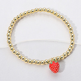 Stainless Steel Enamel Strawberry Charm Beaded Stretch Bracelet