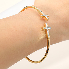 Stainless Steel Stone Paved Cross Tip Cuff Bracelet