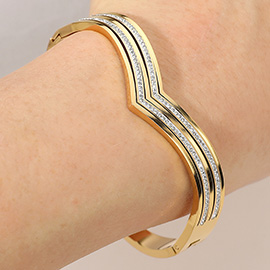 Stainless Steel Stone Paved Chevron Hinged Bangle Bracelet