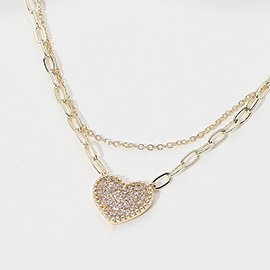 14K Gold Plated CZ Stone Paved Heart Pendant Pointed Paperclip Chain Layered Necklace
