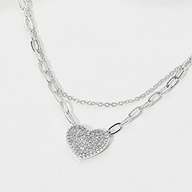 14K Gold Plated CZ Stone Paved Heart Pendant Pointed Paperclip Chain Layered Necklace