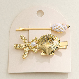 2PCS - Conch Shell Pointed Bobbi Pin Textured Metal Starfish Sea Shell Pearl Pointed Alligator Snap Hair Clips