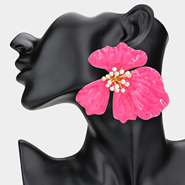 Oversized Stone Bud Enamel Petal Flower Earrings