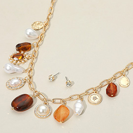 Resin Pebble Pearl Metal Medal Charm Station Necklace