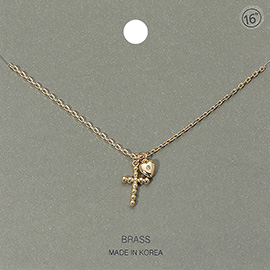 Metal Bubble Cross Stone Paved Heart Pendant Necklace