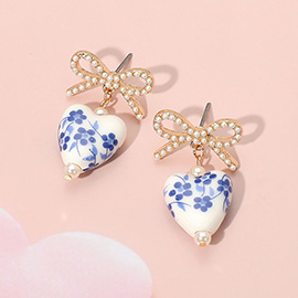 Floral Heart Ceramic Charm Dangle Pearl Bow Earrings
