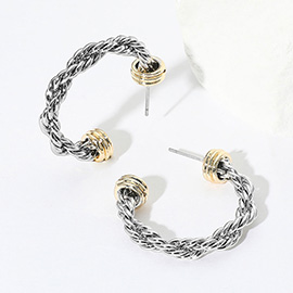 14K Gold Plated Two Tone Braided Metal Hoop Earrings