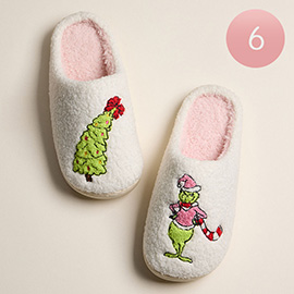 6Pairs - Grinch Green Monster Christmas Tree Embroidery Point Cozy Indoor Slippers