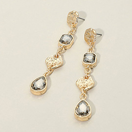 Teardrop Octagon Stone Accented Textured Metal Drop Earrings