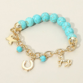SECRET BOX_Western Horse Horseshoe Texas Map Charm Station Turquoise Stone Beaded Stretch Bracelet