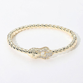 CZ Stone Paved Buckle Accent Twisted Hinged Bangle Bracelet