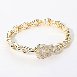 CZ Stone Paved Buckle Accent Link Chain Hinged Bangle Bracelet