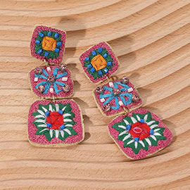 Embroidered Beaded Crochet Granny Square Link Drop Earrings