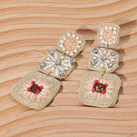 Embroidered Beaded Crochet Granny Square Link Drop Earrings