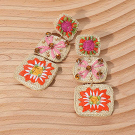 Embroidered Beaded Crochet Granny Square Link Drop Earrings