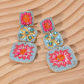 Embroidered Beaded Crochet Granny Square Link Drop Earrings