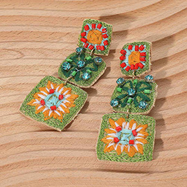 Embroidered Beaded Crochet Granny Square Link Drop Earrings