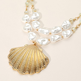Textured Metal Sea Shell Pendant Pearl Beaded Statement Necklace