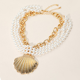 2PCS - Textured Metal Shell Pendant Pearl Beaded Layered Necklaces