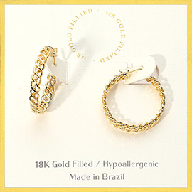 18K Gold Filled Textured Flat Twisted Pin Catch Hoop Earrings