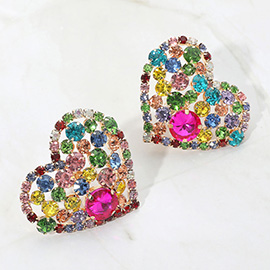 Oversized Rhinestone Cluster Heart Evening Clip On Earrings