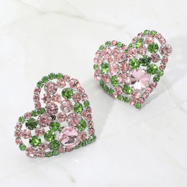 Oversized Rhinestone Cluster Heart Evening Clip On Earrings