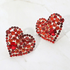 Oversized Rhinestone Cluster Heart Evening Clip On Earrings