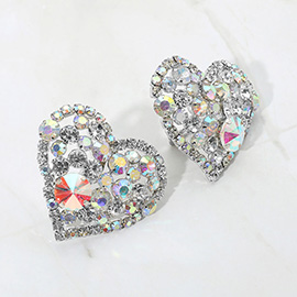 Oversized Rhinestone Cluster Heart Evening Clip On Earrings