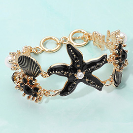 Pearl Embellished Enamel Starfish Seashell Link Toggle Bracelet
