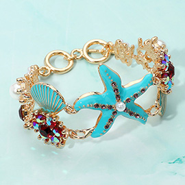 Pearl Embellished Enamel Starfish Seashell Link Toggle Bracelet