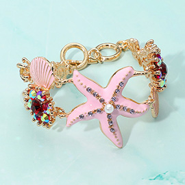 Pearl Embellished Enamel Starfish Seashell Link Toggle Bracelet