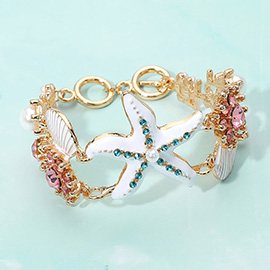 Pearl Embellished Enamel Starfish Seashell Link Toggle Bracelet