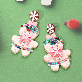 Seed Beads Embellished Resin Gingerbread Man Dangle Earrings