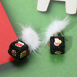 Pom Pom Glittered Christmas Dice Dangle Earrings