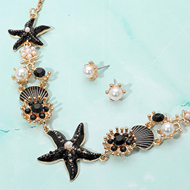 Pearl Embellished Enamel Starfish Seashell Link Necklace