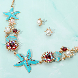 Pearl Embellished Enamel Starfish Seashell Link Necklace