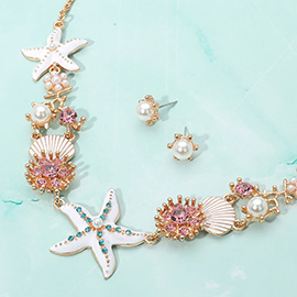 Pearl Embellished Enamel Starfish Seashell Link Necklace