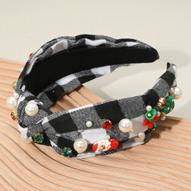 Holiday Festival Charm Pearl Embellished Plaid Knot Headband