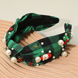Holiday Festival Charm Pearl Embellished Plaid Knot Headband