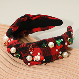 Holiday Festival Charm Pearl Embellished Plaid Knot Headband