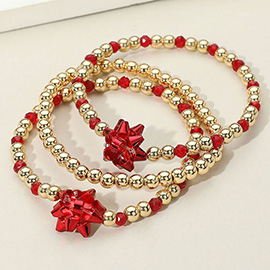 3PCS - Christmas Gift Bow Accented Metal Ball Stretch Bracelets