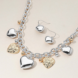 Metal Heart Charm Station Chunky Chain Necklace