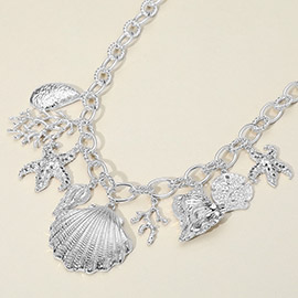 Textured Metal Sea Shell Starfish Coral Charm Station Necklace