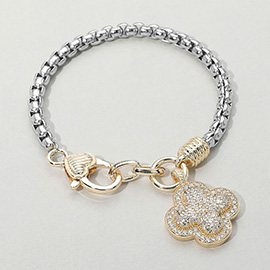 14K Gold Plated Two Tone CZ Stone Paved Quatrefoil Charm Bracelet