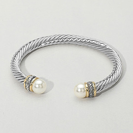 Pearl Tip Two Tone Twisted Cuff Bracelet
